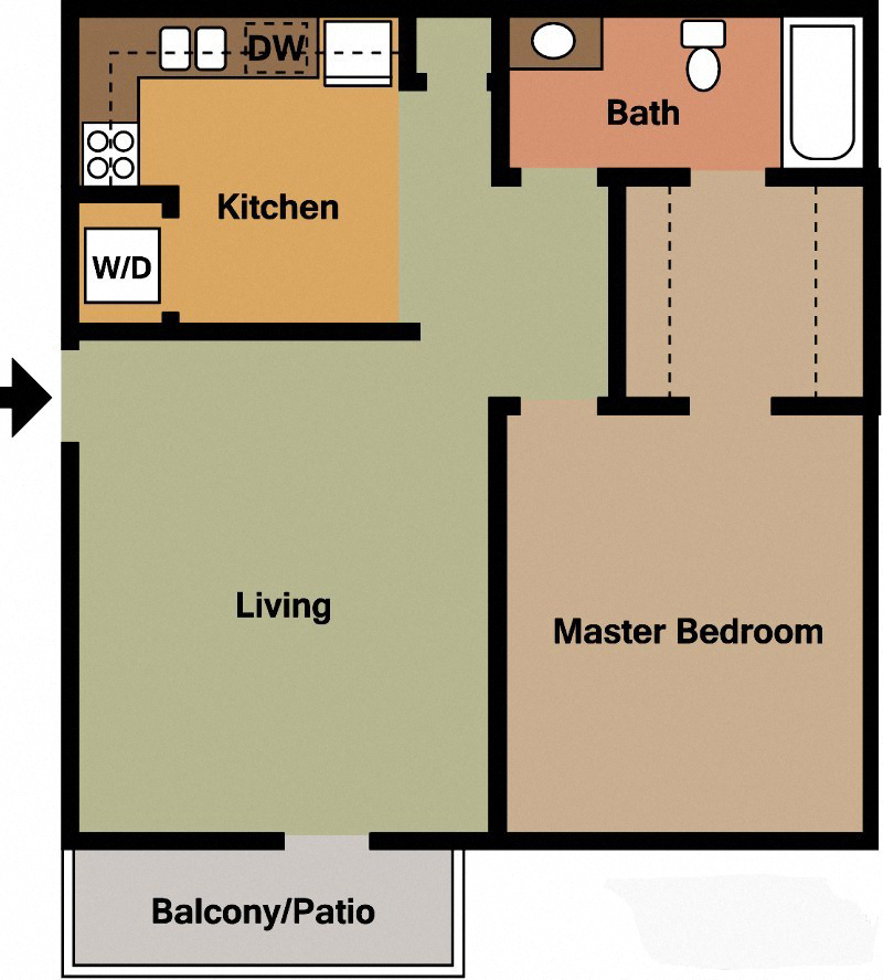 Floor plan for 1 bed, 1 bath, 690 sqft